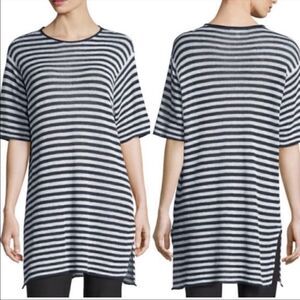 Eileen Fisher Linen Light Knit Tunic Length Short Sleeve Striped Sweater SP